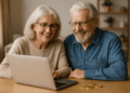 Un couple de seniors satisfaits consulte l'état de leur épargne en or