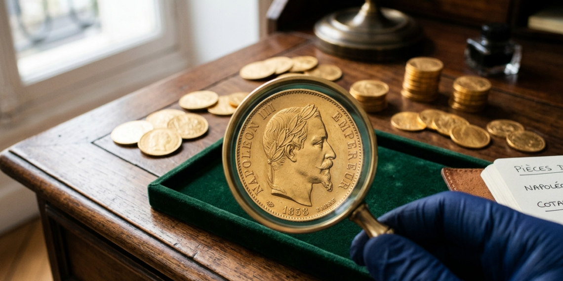 Gros plan à travers une loupe sur une pièce d'or Napoléon III de 1858 tenue par une main gantée de bleu. En arrière-plan, plusieurs pièces d'or sont disposées sur un bureau en bois ancien avec un carnet de notes.