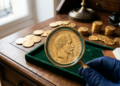Gros plan à travers une loupe sur une pièce d'or Napoléon III de 1858 tenue par une main gantée de bleu. En arrière-plan, plusieurs pièces d'or sont disposées sur un bureau en bois ancien avec un carnet de notes.