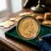 Gros plan à travers une loupe sur une pièce d'or Napoléon III de 1858 tenue par une main gantée de bleu. En arrière-plan, plusieurs pièces d'or sont disposées sur un bureau en bois ancien avec un carnet de notes.